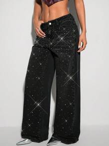 SHEIN ICON 女式低腰亮片拼接优雅口袋牛仔裤 - 灰色 - 查看 5