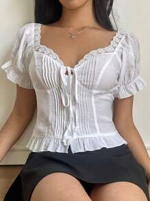 SHEIN EZwear Women's Lace Up Lace And Puff Sleeve Cute Crop Top Blouse