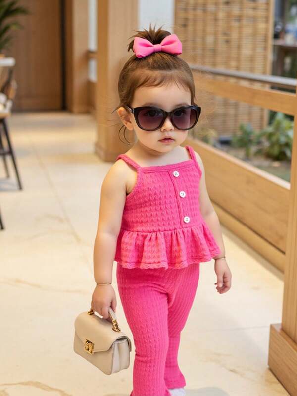 Toddler Girls Minimalist Fuchsia Camisole Top And Flare Pants Set, Summer