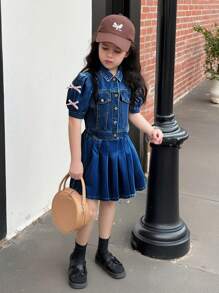 SHEIN Tween Girls Denim Two Pieces Outfits - Dark Wash - View 1