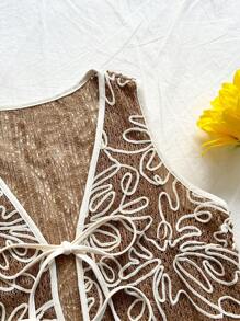 Soleia 女士绿色针织提花白色刺绣V领开襟撞色系带无袖上衣