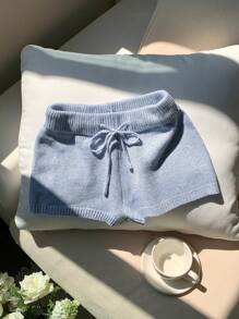 Comfortcana Quần short dệt kim cạp cao rút dây màu trơn thời trang thường ngày cho mùa thu/đông - Màu xanh lam - Xem 7
