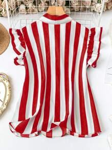 SHEIN LUNE Plus Size Casual/Office Black & White Striped Cap Sleeve Belted Shirt