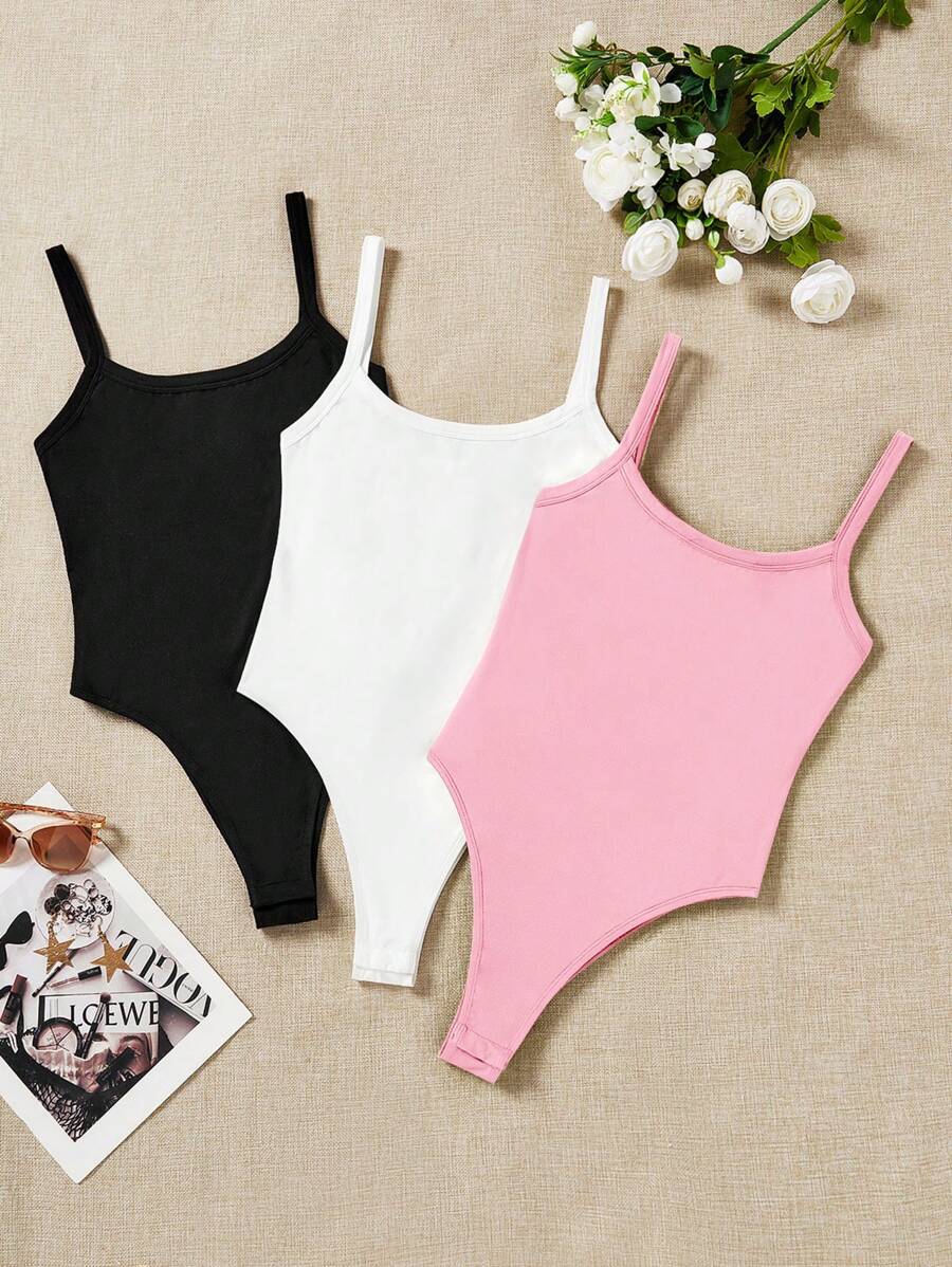 SHEIN EZwear 3pcs/Set Women's Black, White & Pink Tight-Fitting Casual Bodysuit, Suitable For Summer - Multicolor - View 1