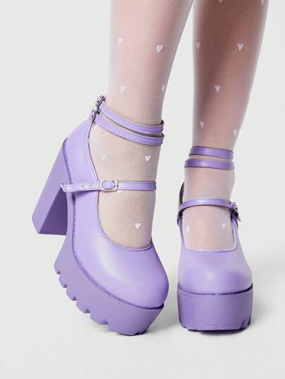 ROMWE Kawaii 紫色包头高跟鞋，粗跟玛丽珍鞋，防水台，多扣装饰派对礼服高跟鞋，适合女士情人节