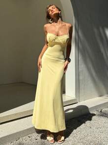 Aloruh 女式交叉抹胸露背连衣裙 - 黃色 - 查看 5