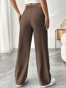 SHEIN Tall Women Solid Color Pleated Loose Straight Leg Pants Fall Cloth For Women - Brown - View 2