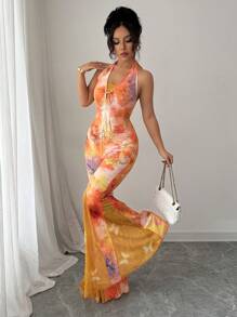 Elenzga 随机剪裁“水晶仙境”金色印花蕾丝吊带连体裤 - 彩色 - 查看 6