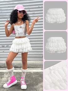 Coolane Kids Tween Girls Primavara/Vara/Drăguț/Streetwear Dantela Stretchy Contrast Dantela Pantaloni scurți albi