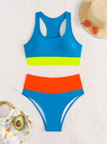 Swim SPRTY 2 Pcs Women's Fashionable Splicing Swimwear, Colorful Dopamine Youth Swimwear Set For Summer Beach Vacation - Blue - View 3