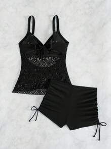 SHEIN Swim 女士 2 件套绿色花卉褶皱胸围系带露背性感比基尼套装