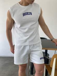 SHEIN Leap Crew 2pcs/Set Teen Boys Casual Wide Strap Tank Top And Shorts Set, Street/Punk/Rock/College Style For Daily Wear, Party, Music Festival. Suitable For Spring/Summer - White - View 1