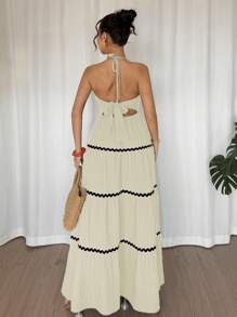 Rafferiza 女式休闲度假风格 A 字形分层荷叶边 V 领长款无袖连衣裙，背部蝴蝶结，黑色，春夏新品 - 杏色 - 查看 2