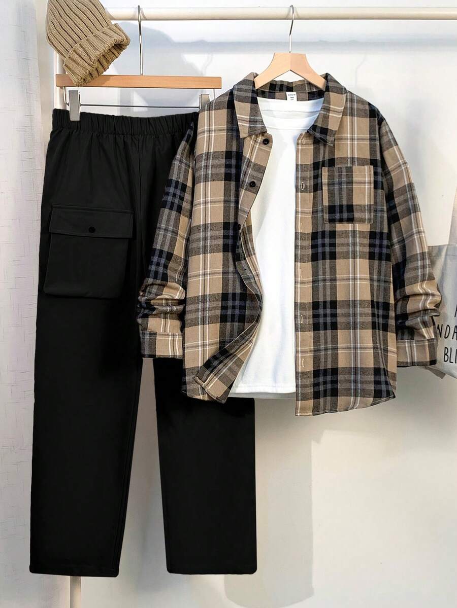 SHEIN 2 件套青少年男童休闲翻领格纹衬衫和工装裤套装,适合秋季、冬季、学校、休闲、运动、生日派对,百搭简约设计 - 黑色 - 查看 1