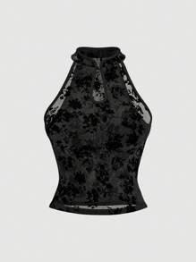 SHEIN MOD Áo sườn xám cổ trong suốt phong cách Trung Hoa mới cho nữ - màu đen - Xem 1
