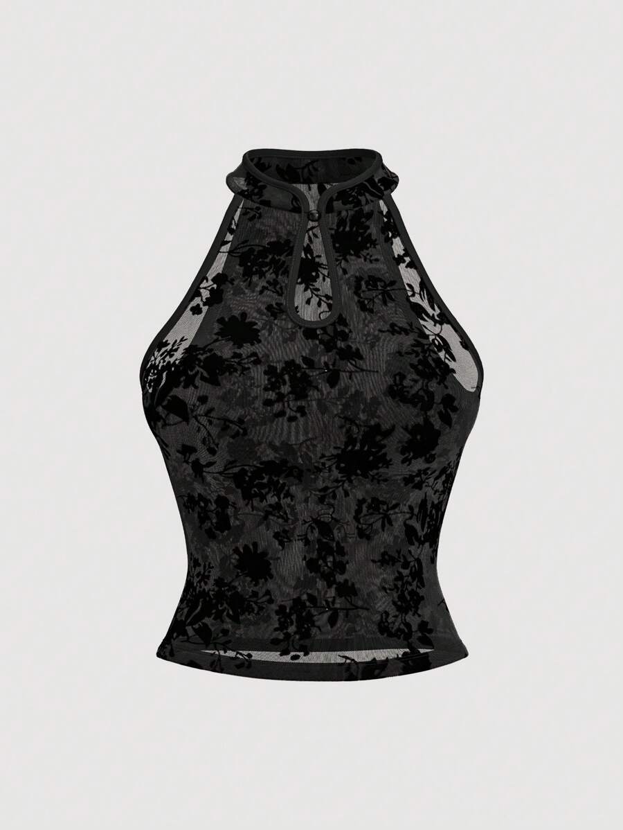 SHEIN MOD Áo sườn xám cổ trong suốt phong cách Trung Hoa mới cho nữ - màu đen - Xem 1