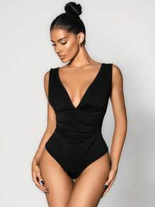 Sirith Women's Sexy Solid Color Elegant Deep V Neck Ruched Bodysuit
