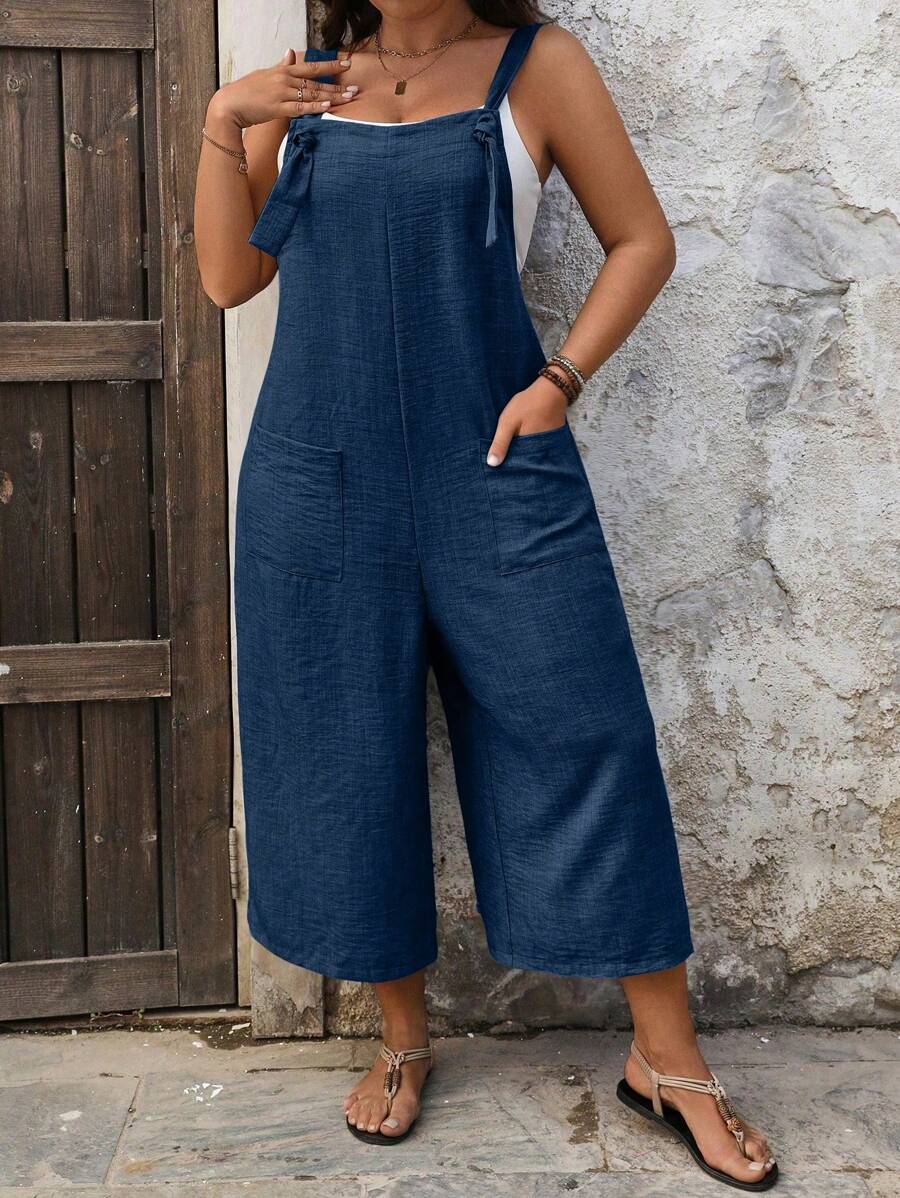 SHEIN LUNE CURVE Plus Size Drawstring Pocket Decor Straight-Leg Jumpsuit - Navy Blue - View 1