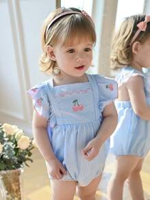 Souflis Souflis Tutina da bambina da indossare tutti i giorni, con bretelle, a righe, ricamo di ciliegie, in tessuto intrecciato, stile sofisticato da esterno per bambina di moda