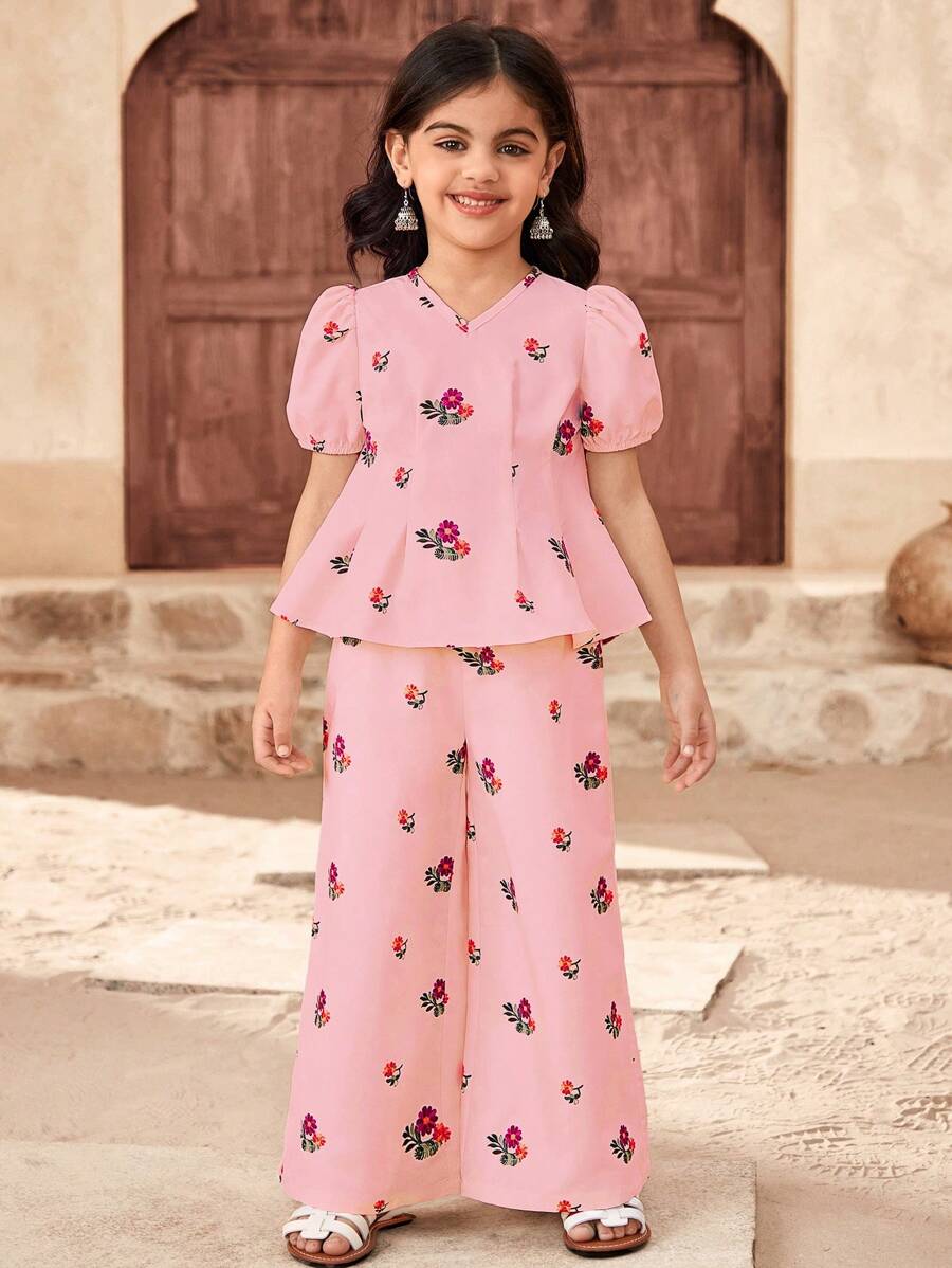 SHEIN Leap Crew Young Girl Vacation Casual Ditsy Floral V-Neck Sleeveless Top And Straight Leg Long Pants Set - Pink - View 1