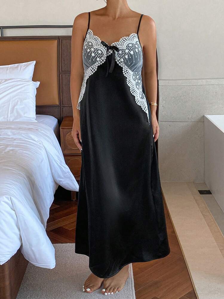 Romantic Contrast Color Lace Patchwork Waist Cinched Long Nightgown For Women Pajama