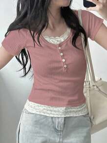 DAZY Áo thun nữ tay ngắn ôm vừa vặn 2 trong 1, màu trắng, thời trang xuân/hè - Hồng - Xem 5