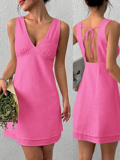 SHEIN EZwear 女士粉色编织抽绳露背无袖短裙