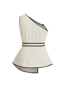 Gownix Women's New Fashion Elegant Stripes Asymmetrical Neck Top & Wide Leg Pants 2 Pieces Set - Multicolor - View 6
