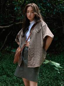 DAZY Plaid Print Drop Shoulder Shirt,Flannels Women - Brown - View 5