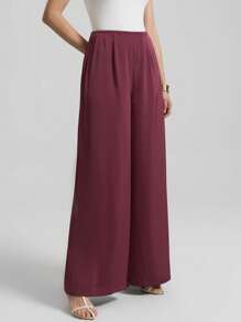 Ontre 女式阔腿裤，都市时尚风格，酒红色，斜纹面料，松紧腰带，女式长裤，抽绳腰部设计，修身腰部设计，日常穿着，女式裤子，春夏