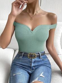 SHEIN Privé Women's Summer Casual Solid Color Off Shoulder T-Shirt - Mint Green - View 4