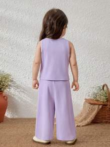 Blossori Baby Girls French Elegant Purple Knit Vest/Long Pants Set, Spring/Summer - Purple - View 2