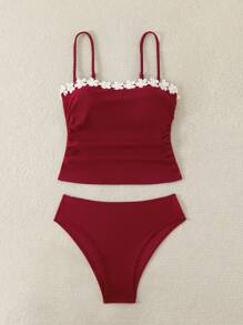 SHEIN Swim Spring Break New Elegant Solid Black Ruffled Strap 2Pcs Bikini Swimsuit Set For Women For Summer Beach Vacation - Burgundy - View 4