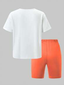 SHEIN Explorewe 2pcs/Set Tween Girls Comfortable Heart Print Short Sleeve T-Shirt And Skinny Shorts, Suitable For Outdoor And Sports Outfits For Teens Summer Set, School, Campus, College Summer Holiday - Orange - View 4
