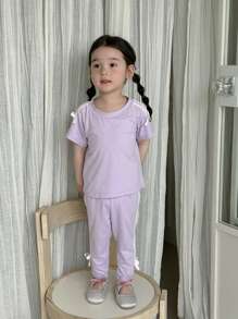 2 Stücke/Set Kleinkind Mädchen lila Kurzarm Top und Hose Lässig Sportanzug, verziert mit Schleife und Schleife, geeignet für Kleinkind Mädchen im Sommer, vielseitig kombinierbar