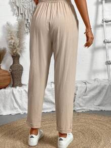 SHEIN PETITE Women's Linen-Feel Casual Pants With Waist Tie And Pockets, Spring/Summer Fall Cloth For Women - Apricot - View 2