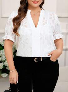 SHEIN Clasi Plus Size Floral Pattern Notch Neck Ruffle Sleeve Blouse, Summer,Summer Outfits For Women,White Top,Going Out Tops