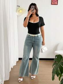 Flirla Plus Size Women Contrasting Color Trim Tight Bodysuit