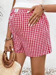 SHEIN Red Gingham Maternity Mini Shorts: Casual Woven Cotton Comfort For Everyday Wear