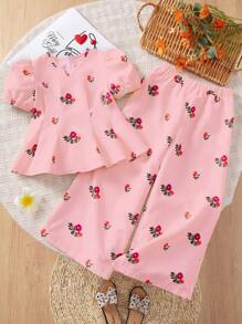 SHEIN Leap Crew Young Girl Vacation Casual Ditsy Floral V-Neck Sleeveless Top And Straight Leg Long Pants Set - Pink - View 2