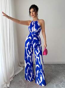 Elenzga Bộ đồ liền thân vải in eo cho nữ, thanh lịch khi đi nghỉ và mặc hàng ngày - Xanh đậm - Xem 5