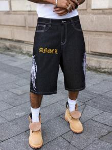 Manfinity EMRG 男士深黑色水洗哥特式刺绣宽松街头风格短裤