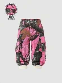 女婴 Y2K 街头酷炫女婴松紧腰粉色迷彩工装牛仔裤