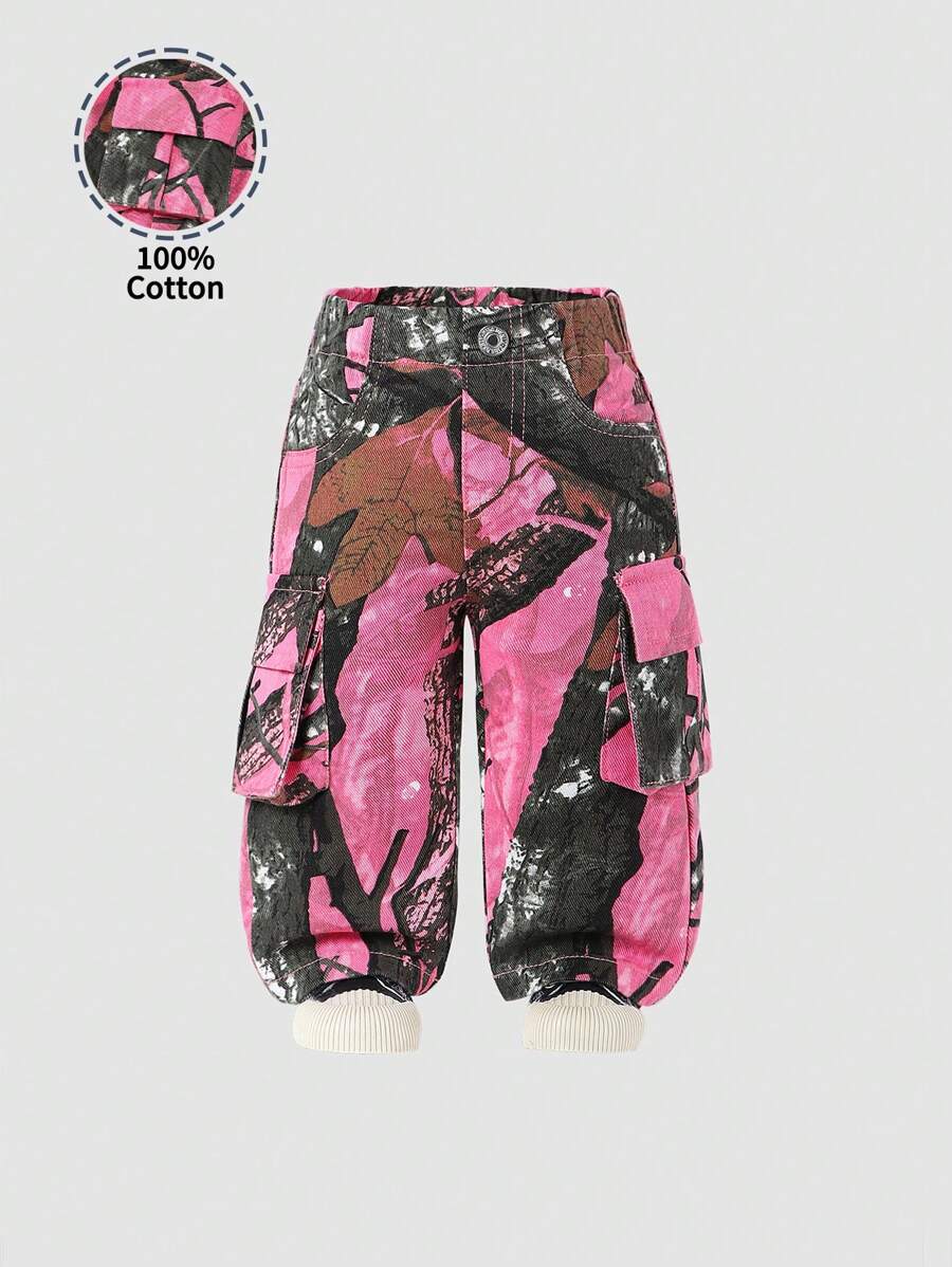 女婴 Y2K 街头酷炫女婴松紧腰粉色迷彩工装牛仔裤