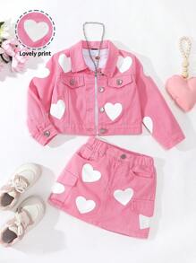 YOUNG GIRL Y2K URBAN STREET CUTE HEART PRINTINGS DENIM JACKET & FULLY ELASTIC WAIST CARGO SKIRT WITH FLAT POCKETS Two Pieces SET OUTFIT - Pink - View 1