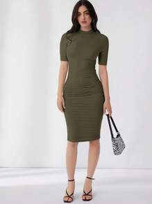 SHEIN Essnce Women Knitted Solid Short Sleeve Dress, Fashionable For Summer - Army Green - View 4