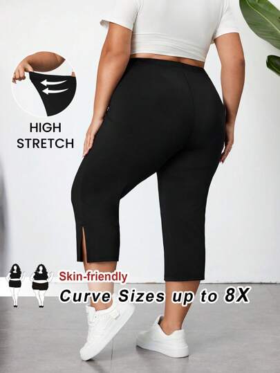 SHEIN CURVE+ Black Open Slit Capri Skinny Pants, Casual Elastic Waist Daily Stretch Leggings, Plus Size For Women Graduation/ Graduation For Women/ White Graduation/ Graduation.