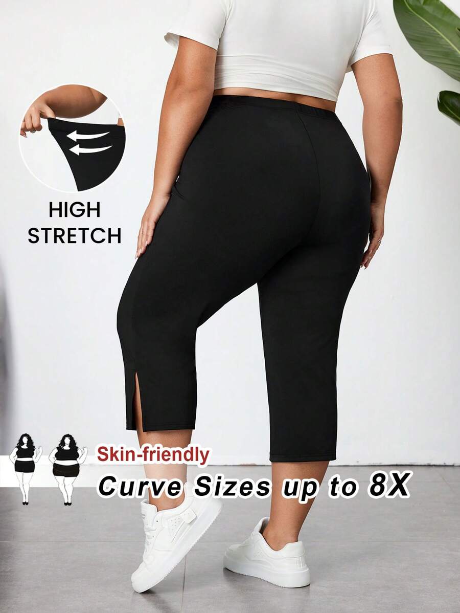 SHEIN CURVE+ 黑色开衩七分紧身裤，休闲弹力腰日常弹力打底裤，大码女式毕业季/女式毕业季/白色毕业季/毕业季。 - 黑色 - 查看 1