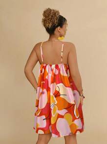 Travachic 大码花卉印花无袖橙色迷你连衣裙，女士休闲度假沙滩裙