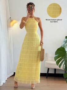 Chiquease Robe jaune sans dos à col ras-du-cou unie décontractée pour vacances pour femmes